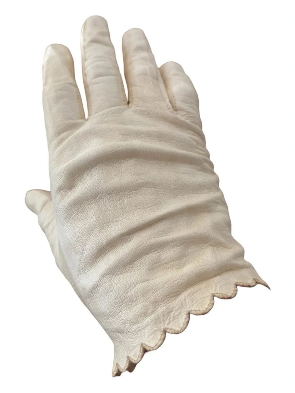 50s MISS ARIS IVORY LEATHER GLOVES W SCALLOPED EDGE SOPHISTICATE MCM VIBE SZ 8